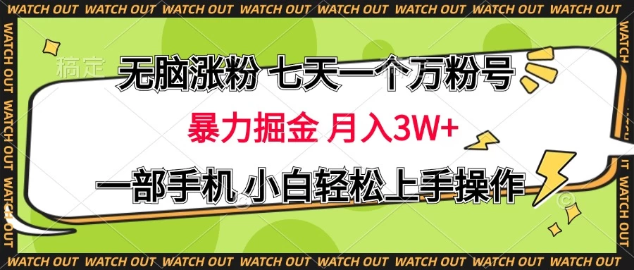 无脑涨粉 七天一个万粉号 暴力掘金 月入三万+，一部手机小白轻松上手操作 - 严选资源大全 - 严选资源大全