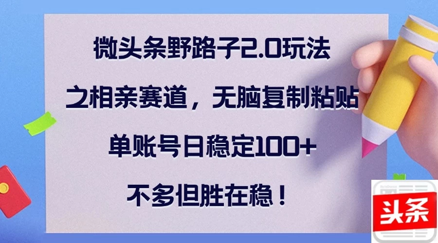 微头条野路子2.0玩法之相亲赛道，无脑复制粘贴，单账号日稳定100+，不多但胜在稳！ - 严选资源大全 - 严选资源大全