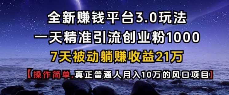全新赚钱平台3.0玩法一天精准引流创业粉1000.7天被动躺Z收益21W【仅揭秘】 - 严选资源大全 - 严选资源大全