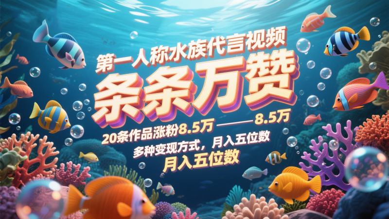 第一人称水族代言视频,条条万赞,20条作品涨粉8.5万,多种变现方式月,入五位数 - 严选资源大全 - 严选资源大全