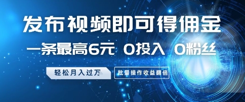 发布视频即可得佣金，一条最高6元，0投入 0粉丝  会发视频就行，月入过W，批量操作收益翻倍【揭秘】 - 严选资源大全 - 严选资源大全