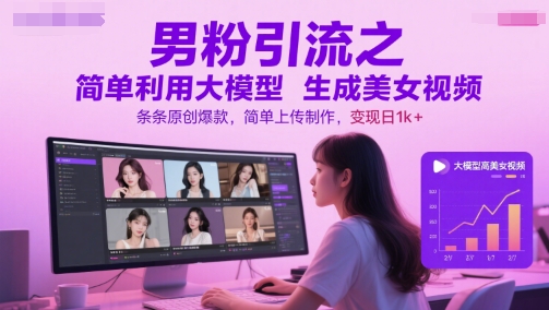 男粉引流之简单利用大模型生成美女视频，条条原创爆款，简单上传制作，变现日1k+ - 严选资源大全 - 严选资源大全