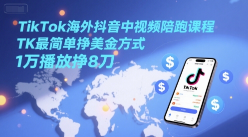 TikTok海外抖音中视频陪跑课程，TK最简单挣美金方式，1万播放挣8刀 - 严选资源大全 - 严选资源大全