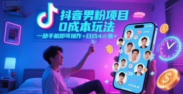 抖音男粉项目0成本玩法，一部手机即可操作，日均4张+，时间自由 - 严选资源大全 - 严选资源大全