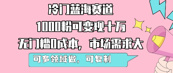 冷门蓝海赛道，1000粉可变现十W，无门槛0成本，市场需求大，可多领域做，可复制性强 - 严选资源大全 - 严选资源大全