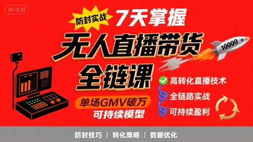 无人直播带货全链防封实战课，7天掌握高转化直播技术，实现单场GMV破万可持续模型 - 严选资源大全 - 严选资源大全