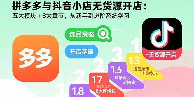 拼多多与抖音小店无货源开店：五大模块+8大章节，从新手到进阶系统学习 - 严选资源大全 - 严选资源大全