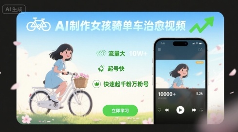 AI制作女孩骑单车治愈视频，流量大，起号快，快速起千粉万粉号 - 严选资源大全 - 严选资源大全