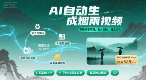 不用拍不用剪！AI自动生成烟雨视频，日入5张+，睡后收入 - 严选资源大全 - 严选资源大全