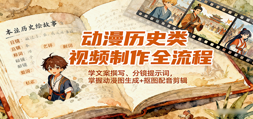动漫历史类视频制作全流程，学文案撰写、分镜提示词，掌握动漫图生成+抠图配音剪辑 - 严选资源大全 - 严选资源大全