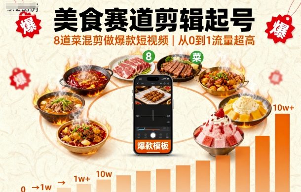 美食赛道剪辑起号，8道菜混剪做爆款短视频，从0到1，流量超高 - 严选资源大全 - 严选资源大全