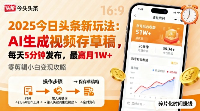 2025年今日头条躺賺新玩法，AI生成视频存草稿，每天5分钟发布，最高月1W+【揭秘】 - 严选资源大全 - 严选资源大全