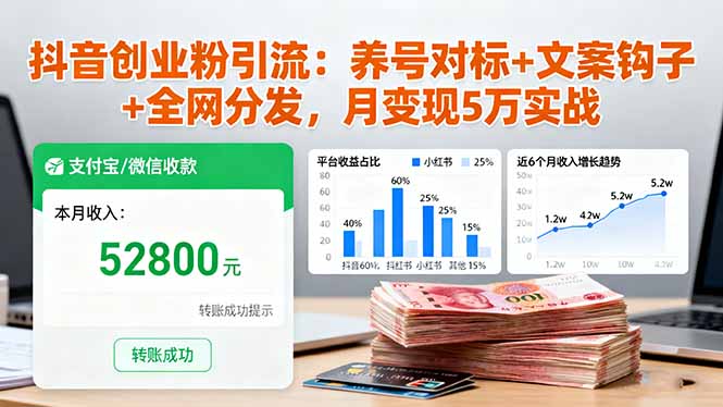 抖音创业粉引流：养号对标+文案钩子+全网分发，月变现5万实战 - 严选资源大全 - 严选资源大全