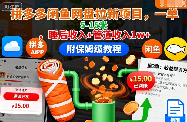 拼多多闲鱼网盘拉新项目,一单5-15米,睡后收入+管道收入1w+(附保姆级教程) - 严选资源大全