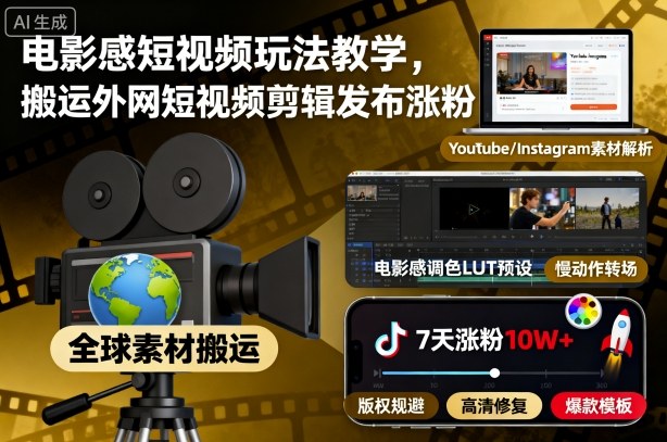 电影感短视频玩法教学,搬运外网短视频剪辑发布涨粉 - 严选资源大全