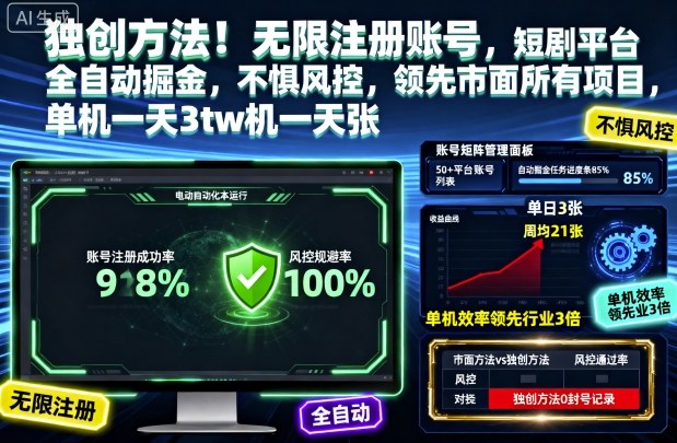 独创方法!无限注册账号,短剧平台全自动掘金,不惧风控,领先市面所有项目,单机一天3张【揭秘】 - 严选资源大全