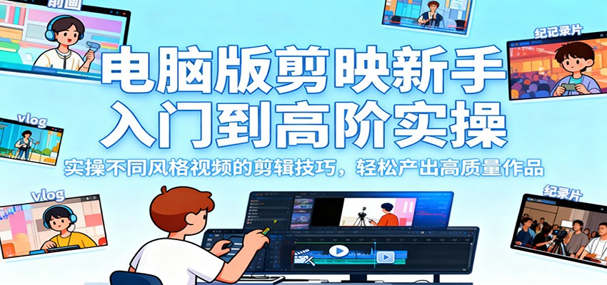 电脑版剪映新手入门到高阶实操，实操不同风格视频的剪辑技巧，轻松产出高质量作品 - 严选资源大全