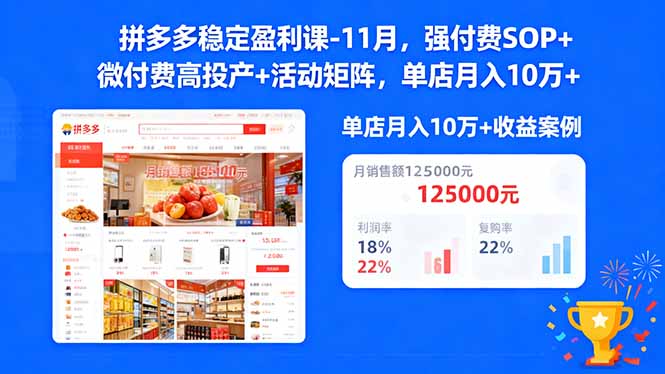 拼多多稳定盈利课-11月,强付费SOP+微付费高投产+活动矩阵,单店月入10w+ - 严选资源大全