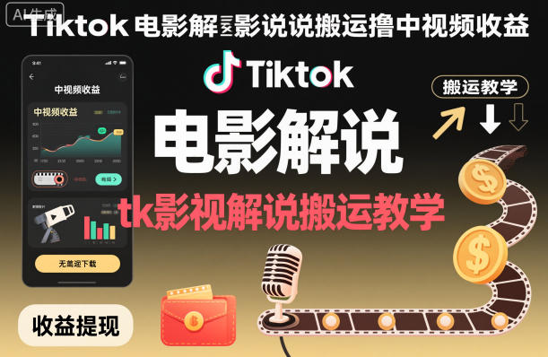Tiktok电影解说搬运撸中视频收益，tk影视解说搬运教学 - 严选资源大全