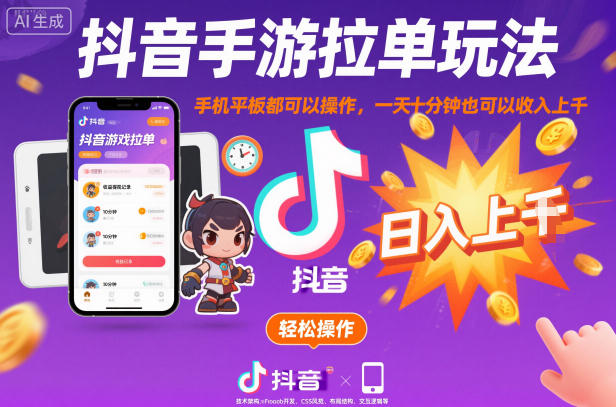 抖音手游拉单玩法，手机平板都可以操作，一天十分钟也可以收入上K【揭秘】 - 严选资源大全