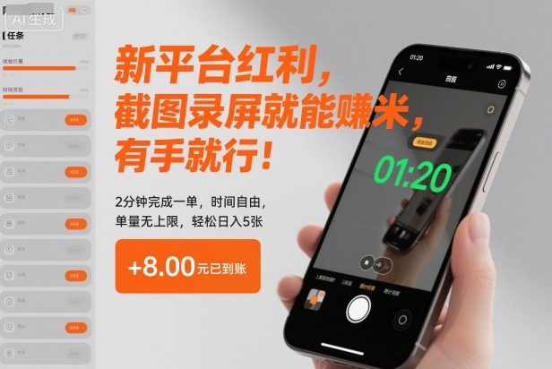 新平台红利,截图录屏就能賺米,有手就行!2分钟完成一单,时间自由,单量无上限,轻松日入5张【揭秘】 - 严选资源大全