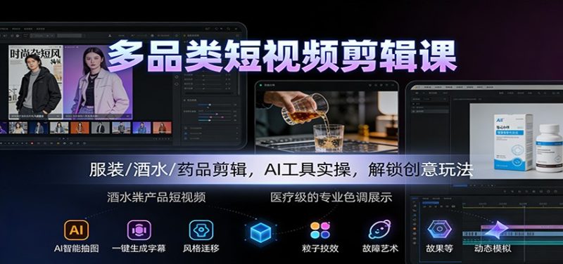 多品类短视频剪辑课:服装/酒水/药品剪辑,AI工具实操,解锁创意玩法 - 严选资源大全 - 严选资源大全