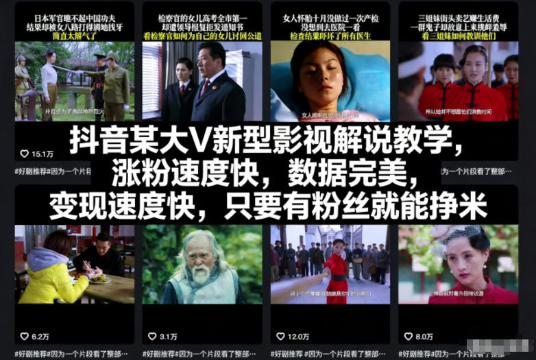抖音某大V新型影视解说教学,涨粉速度快,数据完美,变现速度快,只要有粉丝就能挣米 - 严选资源大全