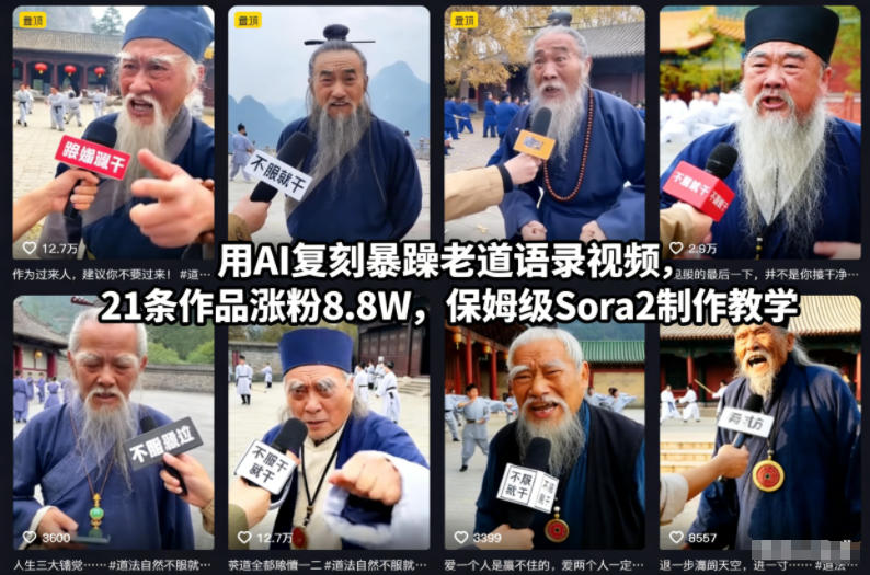 用AI复刻暴躁老道语录视频，21条作品涨粉8.8W，保姆级Sora2制作教学 - 严选资源大全