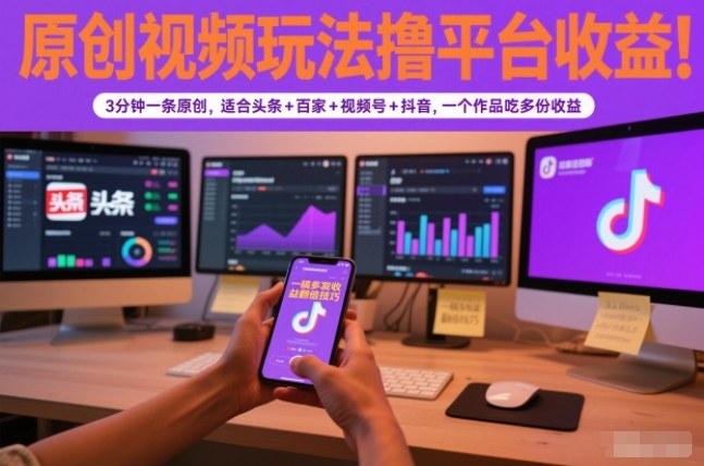 原创视频玩法撸平台收益,3分钟一条原创,适合头条+百家+视频号+抖音,一个作品吃多份收益 - 严选资源大全