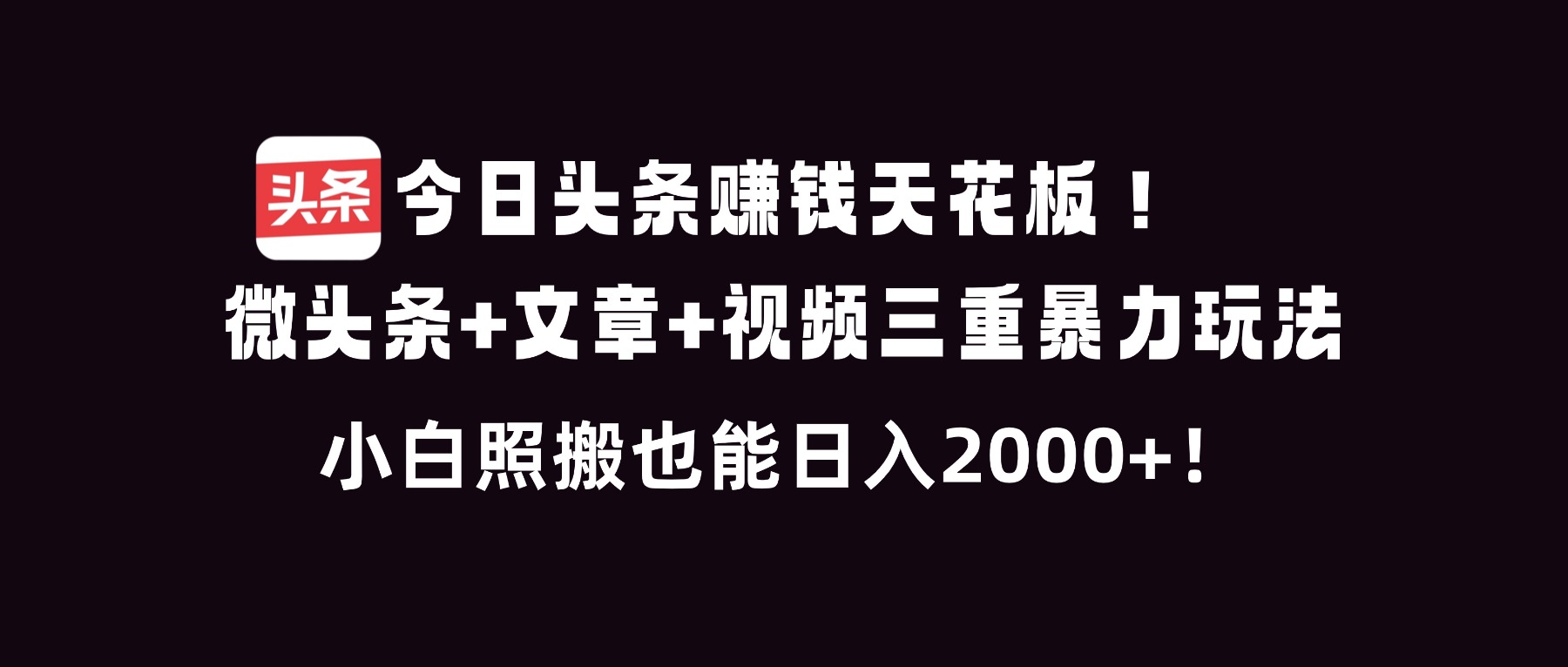 今日头条赚钱天花板！微头条+文章+视频三重暴利玩法，小白照搬也能日人2000+ - 严选资源大全