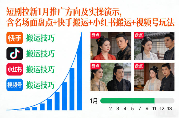 短剧拉新1月推广方向及实操演示，含名场面盘点+快手搬运+小红书搬运+视频号玩法 - 严选资源大全