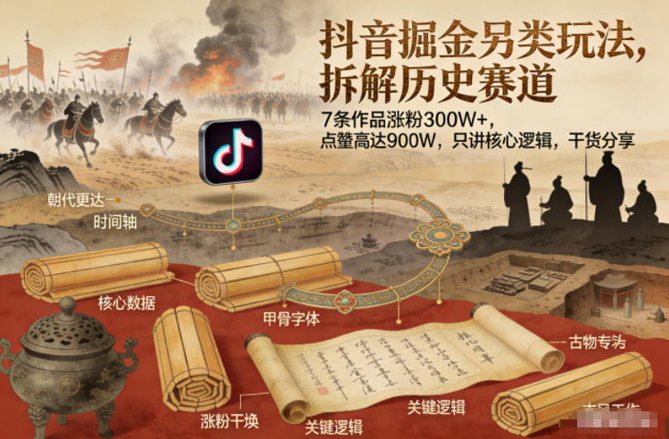 抖音掘金另类玩法，拆解历史赛道，7条作品涨粉300W+，点赞量高达900W，只讲核心逻辑，干货分享 - 严选资源大全