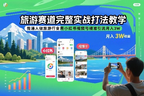 旅游赛道完整实战打法教学,普通人做旅游行业用小红书视频号精准引流月入3W - 严选资源大全