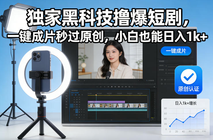 独家黑科技撸爆短剧，一键成片秒过原创，小白也能日入1k+【揭秘】 - 严选资源大全
