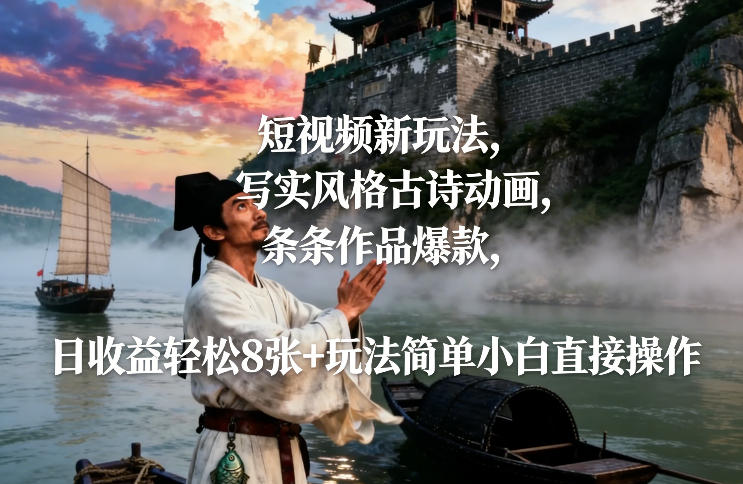 短视频新玩法，写实风格古诗动画，条条作品爆款，日收益轻松8张+玩法简单小白直接操作 - 严选资源大全