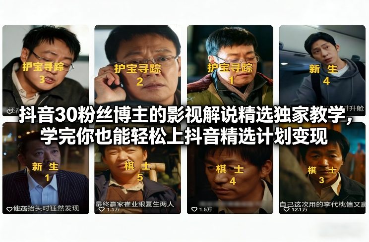 抖音30粉丝博主的影视解说精选独家教学，学完你也能轻松上抖音精选计划变现 - 严选资源大全