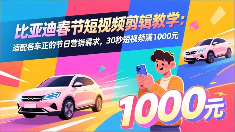 比亚迪春节短视频剪辑教学：适配各车企的节日营销需求，30秒短视频赚1000元 - 严选资源大全 - 严选资源大全