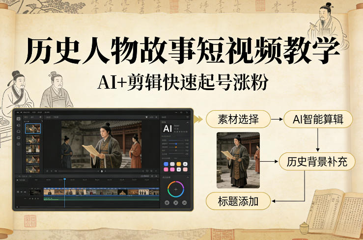 历史人物故事短视频教学，AI+剪辑制作历史人物题材短视频，快速起号涨粉 - 严选资源大全