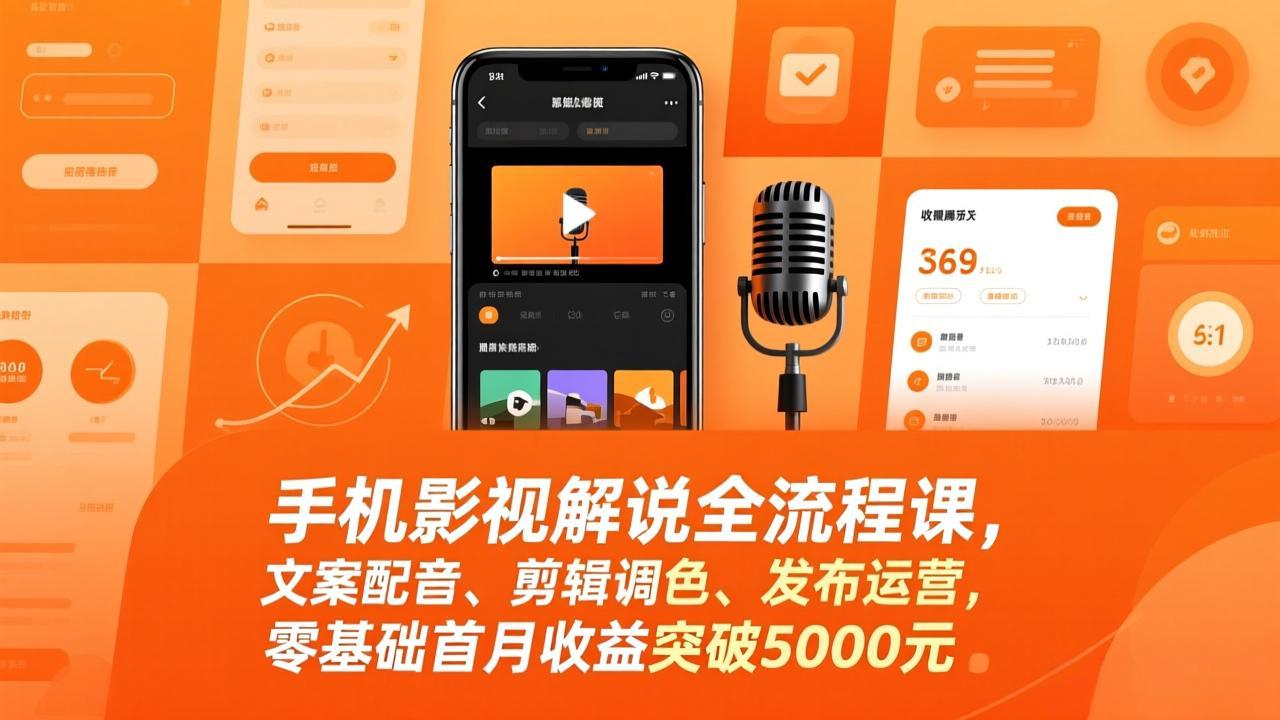 手机影视解说全流程课，文案配音、剪辑调色、发布运营，零基础首月收益突破5000元 - 严选资源大全