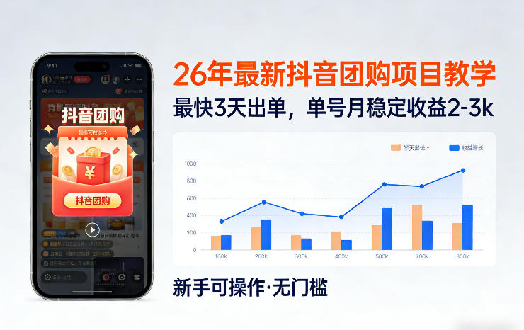 26年最新抖音团购项目教学，0门槛，最快3天出单，单号月稳定收益2-3k - 严选资源大全