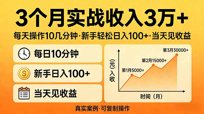 3个月实战收入3万+，每天操作10几分钟，新手轻松日入100+，当天见收益 - 严选资源大全