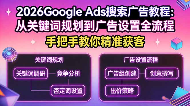 2026Google Ads搜索广告教程：从关键词规划到广告设置全流程，手把手教你精准获客 - 严选资源大全
