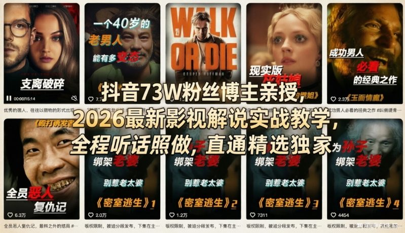 抖音73W粉丝博主亲授，2026最新影视解说实战教学，全程听话照做，直通精选独家 - 严选资源大全