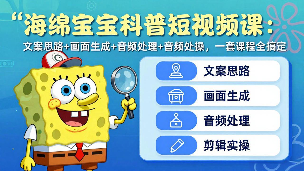 海绵宝宝科普短视频课：文案思路+画面生成+音频处理+剪辑实操，一套课程全搞定 - 严选资源大全