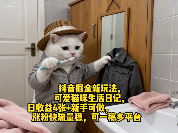 抖音掘金新玩法，可爱猫咪生活日记，日收益4张+新手可做，涨粉快流量稳，可一稿多平台 - 严选资源大全