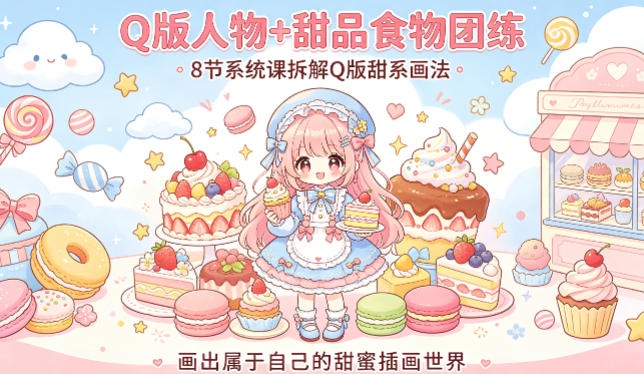 Q版人物+甜品食物团练,8节系统课拆解Q版甜系画法,画出属于自己的甜蜜插画世界 - 严选资源大全