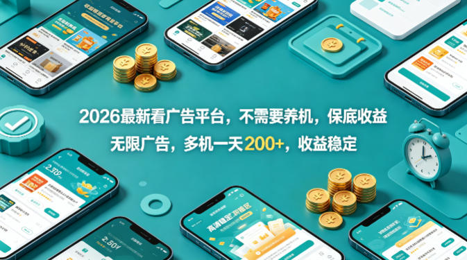 2026最新看广告平台，不需要养机，保底收益，无限广告，多机一天200+，收益稳定【揭秘】 - 严选资源大全
