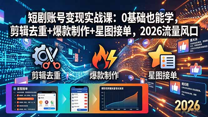 短剧账号变现实战课：0基础也能学，剪辑去重+爆款制作+星图接单，2026流量风口 - 严选资源大全