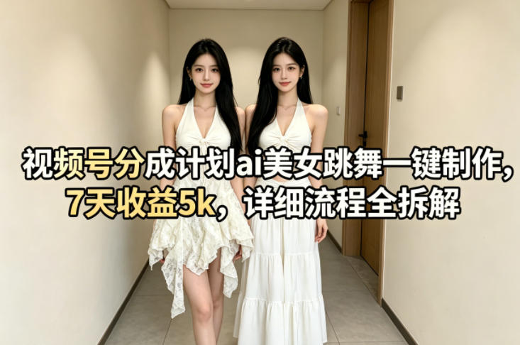 视频号分成计划ai美女跳舞一键制作，7天收益5k，详细流程全拆解 - 严选资源大全