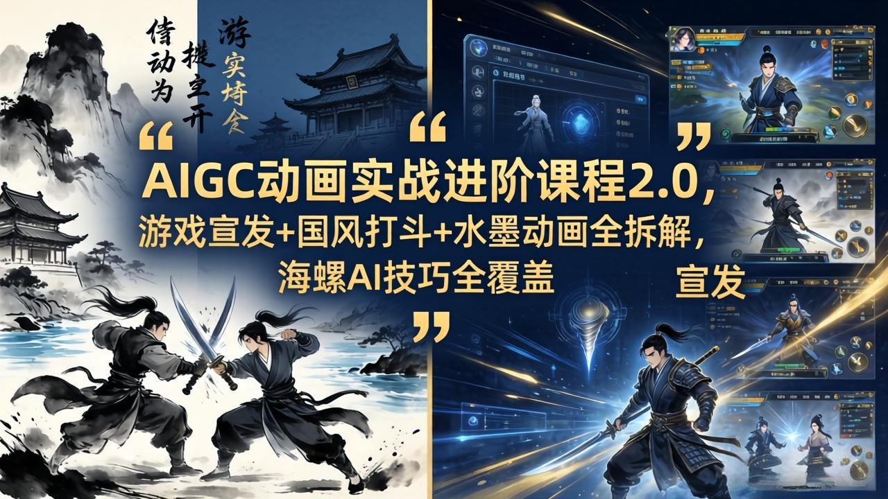 AIGC动画实战进阶课程2.0，游戏宣发+国风打斗+水墨动画全拆解，海螺AI技巧全覆盖 - 严选资源大全